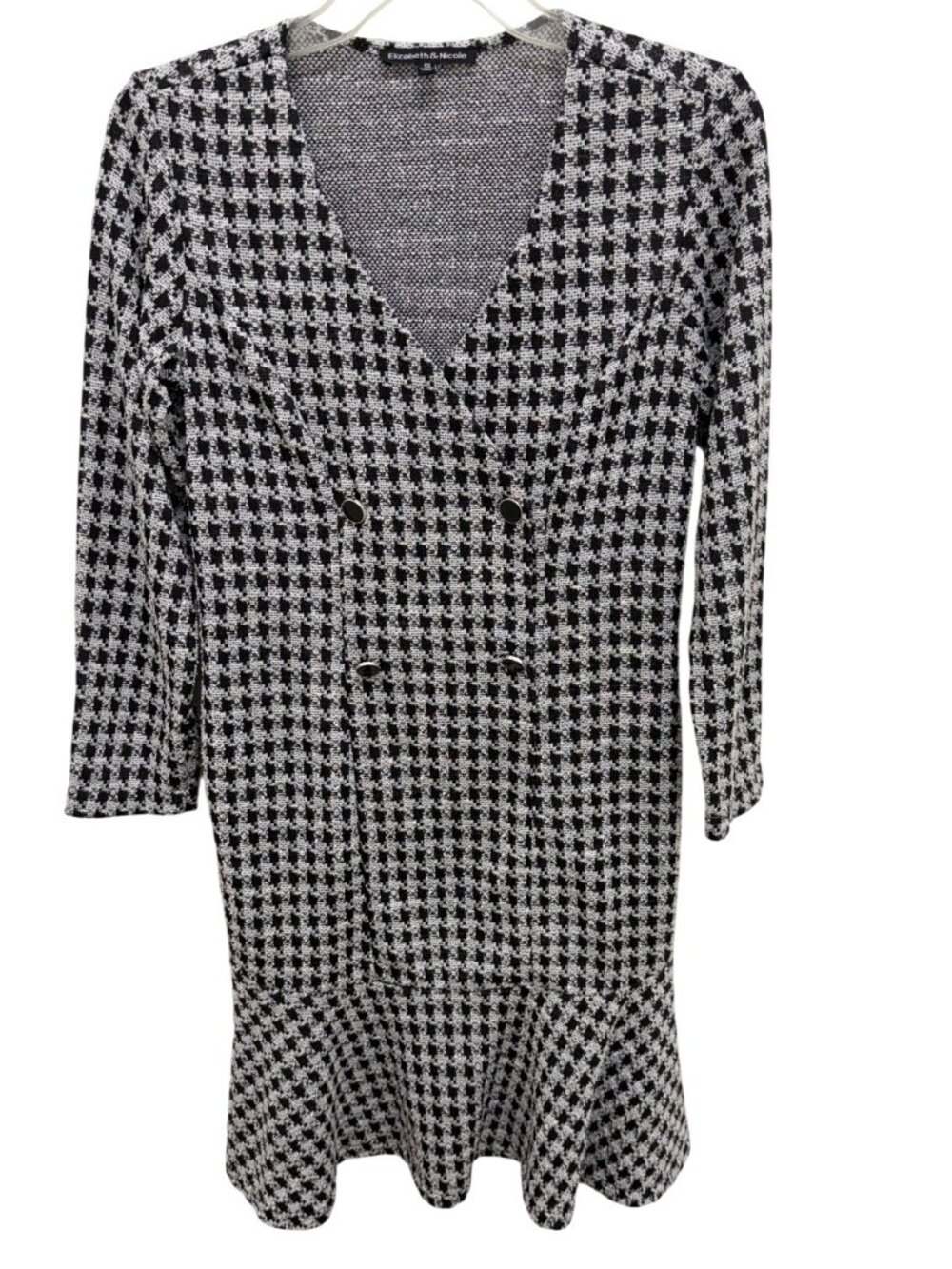 Elizabeth & Nicole Houndstooth Long Sleeve V Neck Ruffle Hem Knee High Dress S